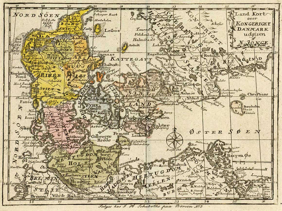 Nicolai Jonges kort over kongeriget Danmark. Koloreret kobberstik, 1759.
