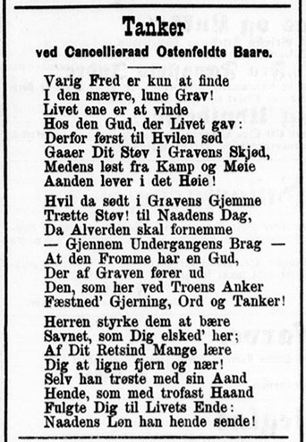 Tanker ved kancelliråd Ostenfeldts båre. Aalborg Stiftstidende og Adresse-Avis, 19. juni 1875.