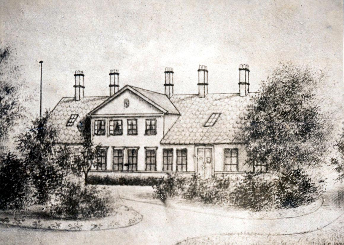 Hovedbygningen ved Vestre Ladegård i Aalborg. Som nygifte flyttede Hans Peter Barfod og hans hustru i 1868 ind i ladegårdens lille kvistlejlighed.