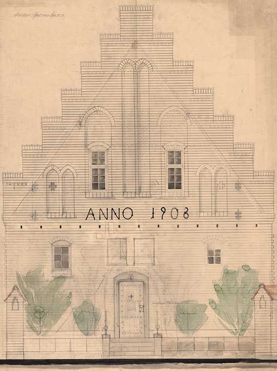 Arkitekt Hack Kampmanns tegning af Skolefløjens gavl med årstallet 1906 