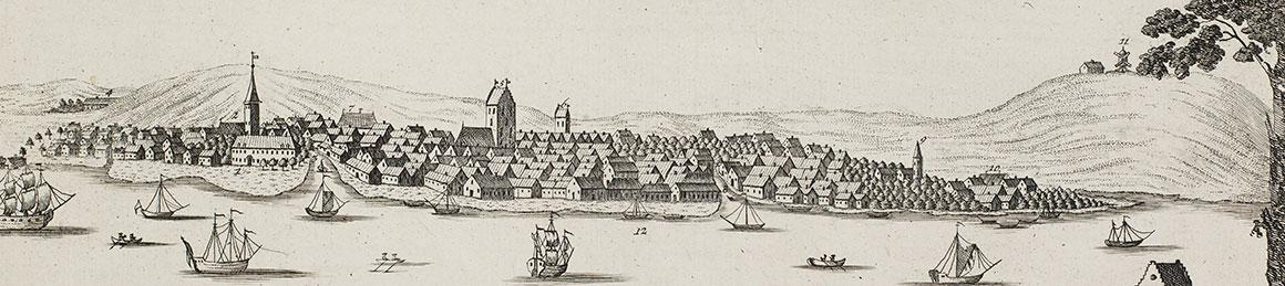 Aalborg anno 1768. Angiveligt ses Skovbakkemøllen på bakken til højre