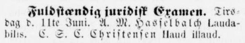 Notits om Anders Müller Hasselbalch i Flyveposten 12. juni 1861, s. 1.