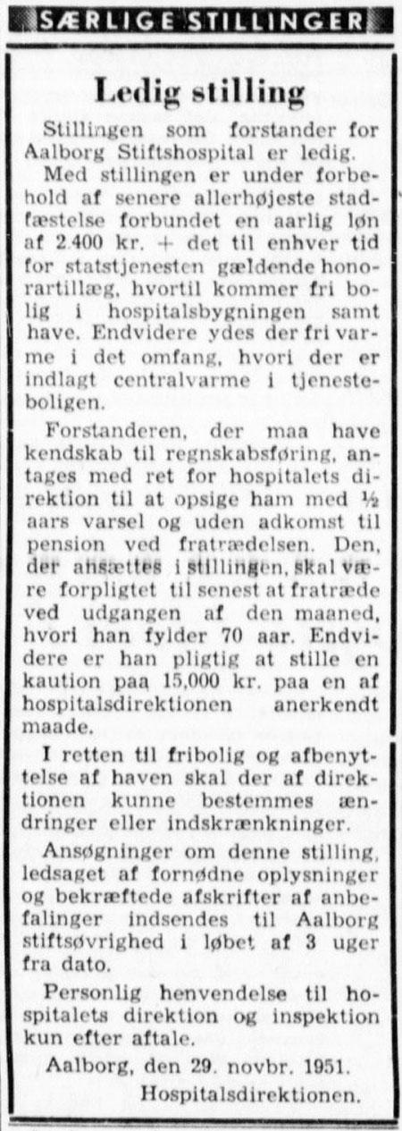 Jobopslag vedrørende stilling som hospitalsforstander. Aalborg Stiftstidende, 1. december 1951, s. 7.